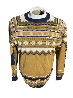 Dutch Bros Coffee Holiday Sweater Large Fair Isle Gold Blue Snowflake Knit